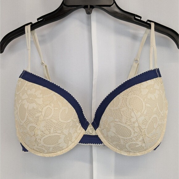 Adore Me Women's Ivory Lace Navy Satin Trim Lauraine Push-Up Bra Size 38DD - Picture 1 of 7